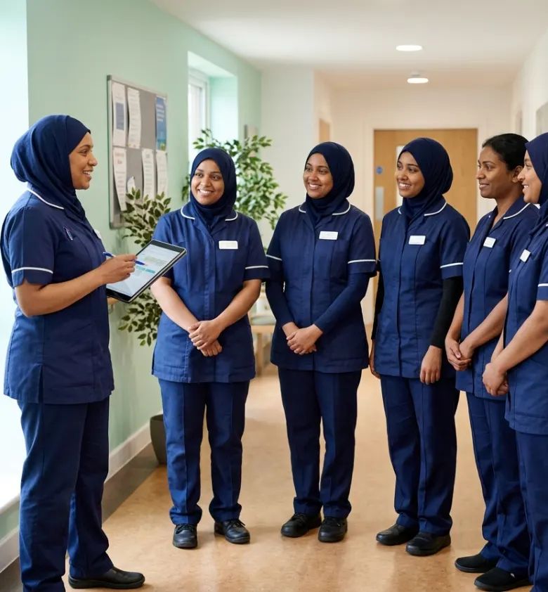 Team of care workers at a briefing