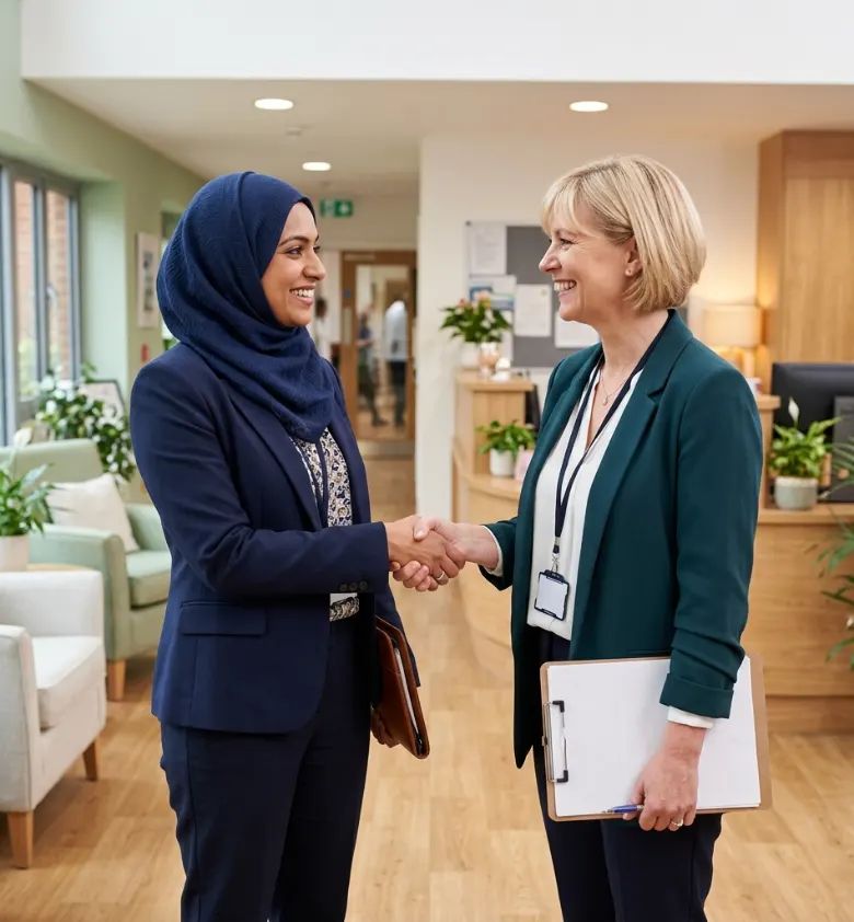 Staffing representative shaking hands with a care home manager