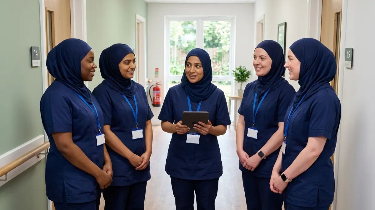 Care workers receiving a shift briefing in a care home corridor