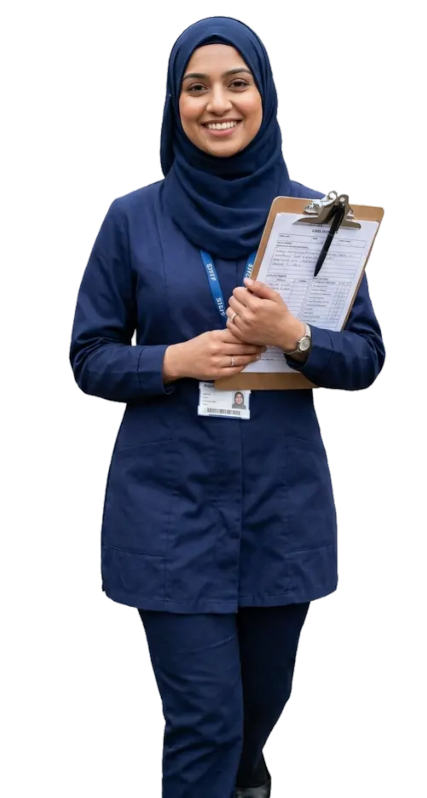 Smiling care worker in a navy hijab and uniform holding a clipboard