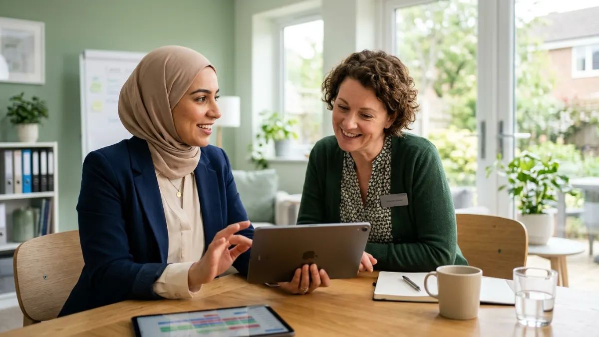 Staffing manager reviewing staffing plans with a care home manager