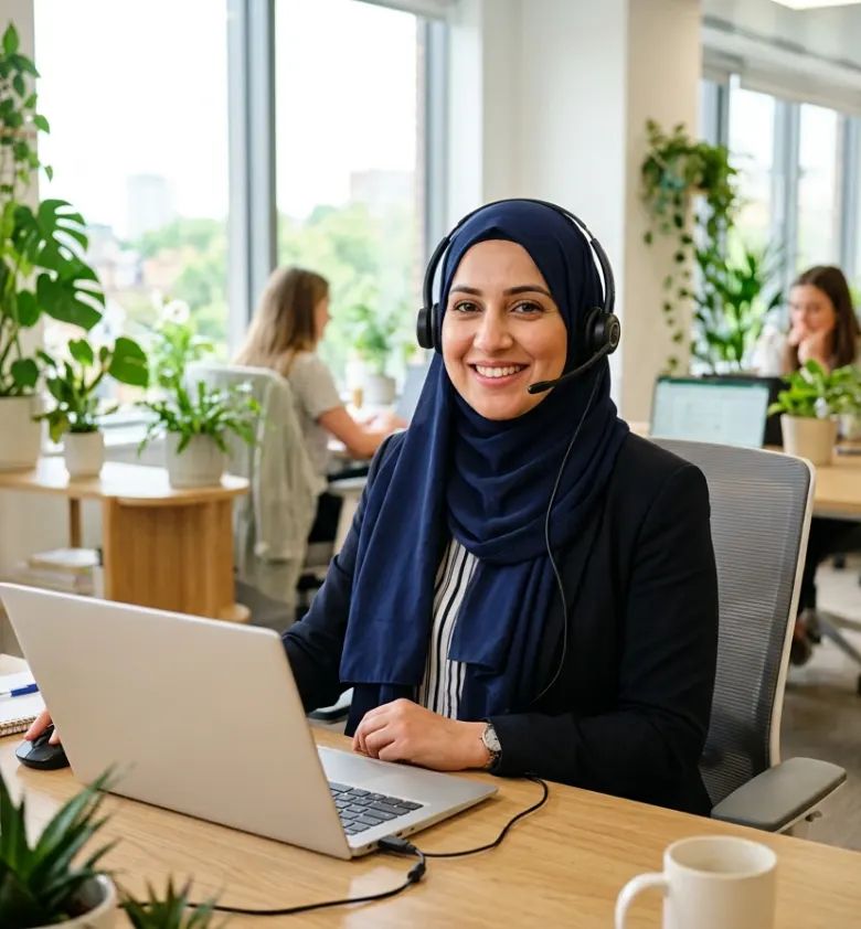 Friendly staffing coordinator with a headset in the office