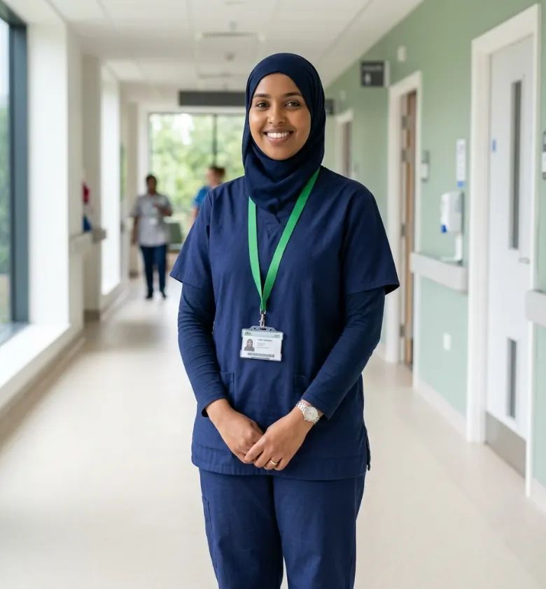Care worker in uniform standing in a corridor