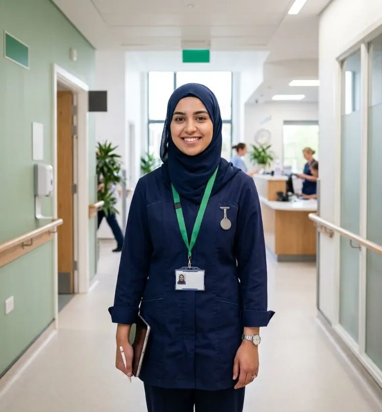 Care worker with ID badge ready for work